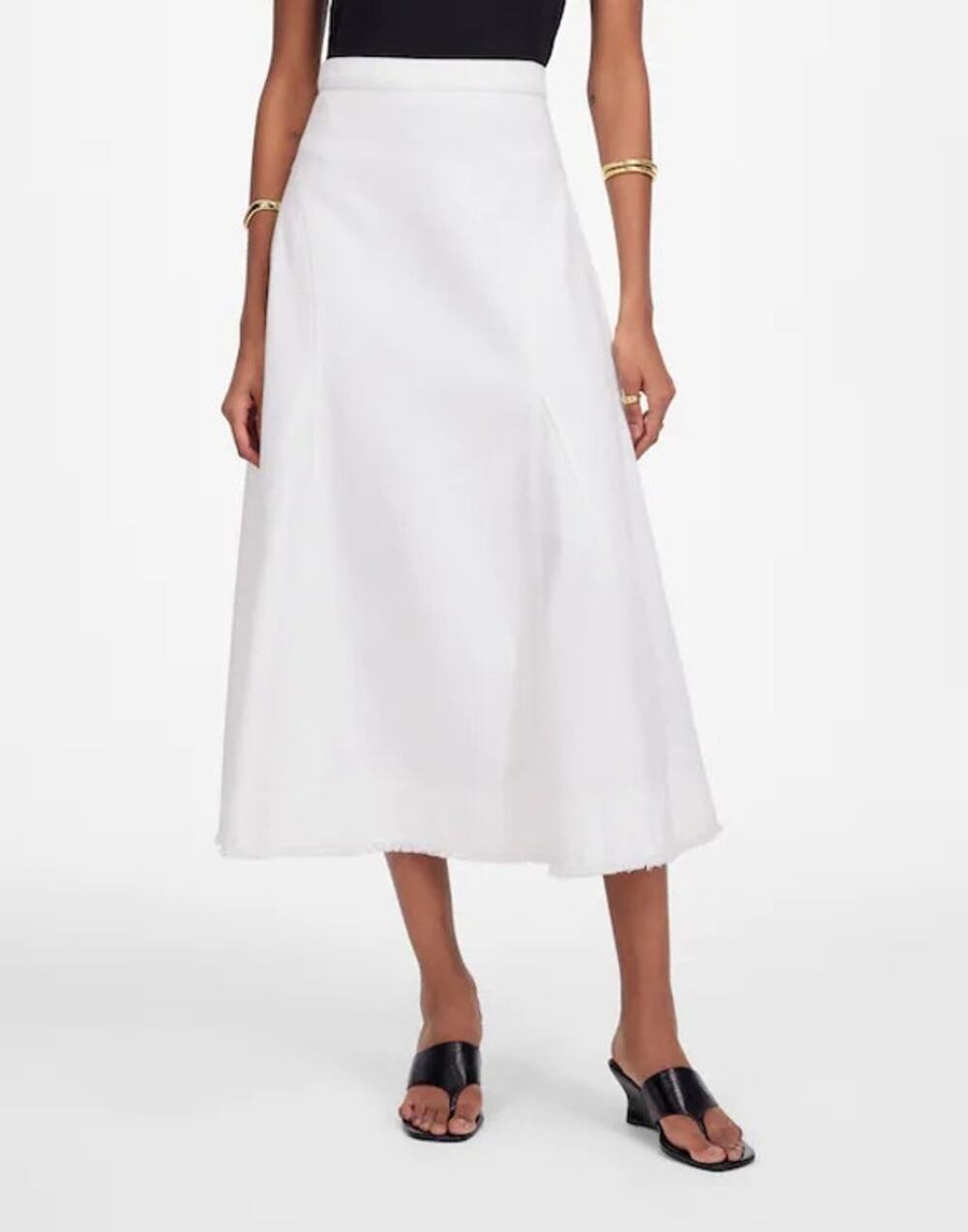NWT Madewell Fluted Flared Denim Midi Skirt Distressed Hem In Tile White Size 32